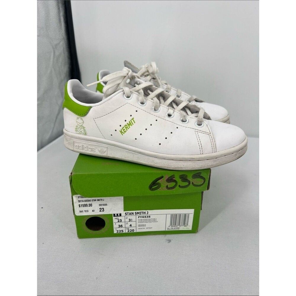 adidas White Stan Smith Sneakers with Green Heel Tab and Kermit Detail - Picture 1 of 8